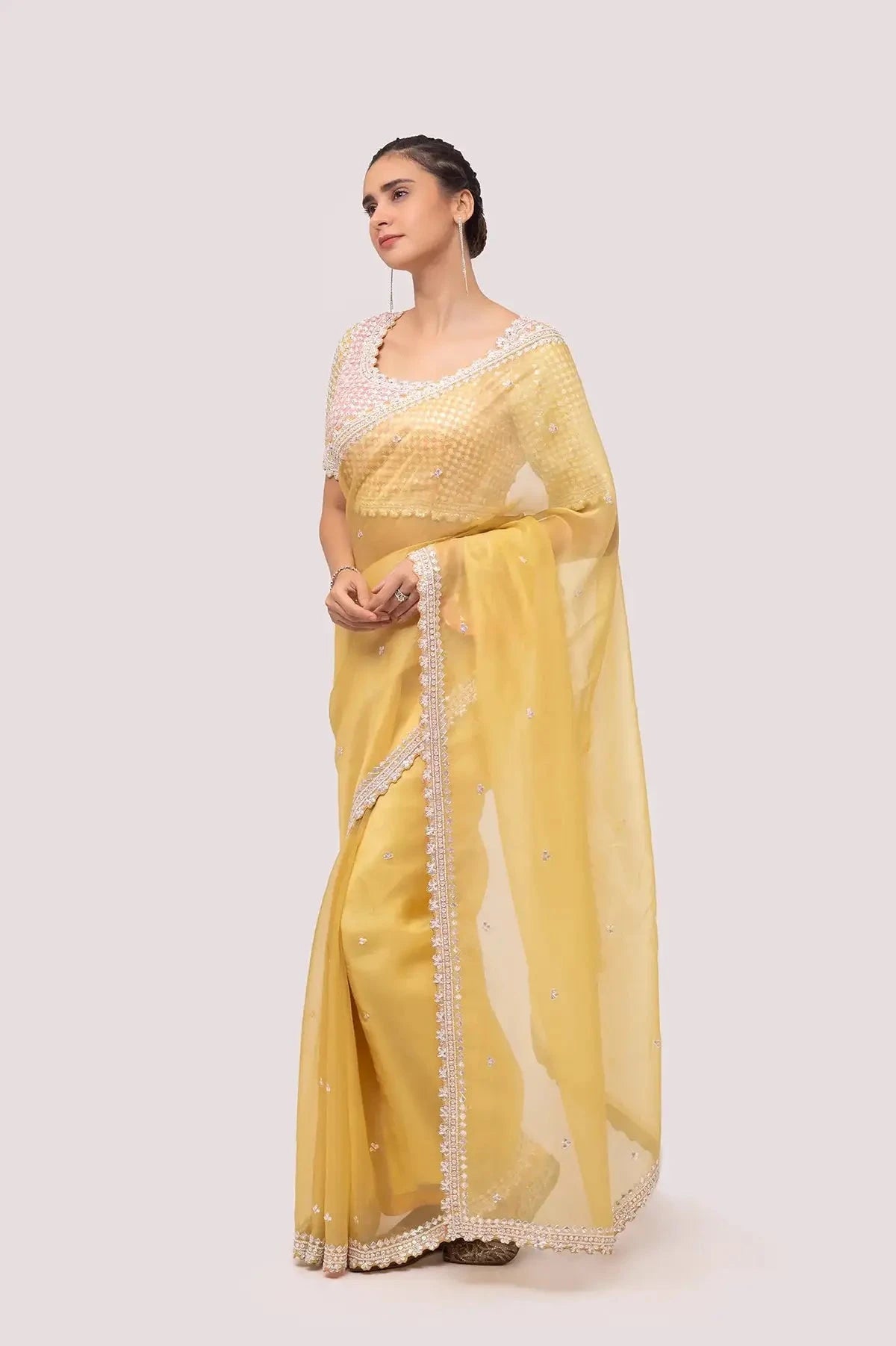 Gold Yellow Embroidered Organza Saree - Pallodstore