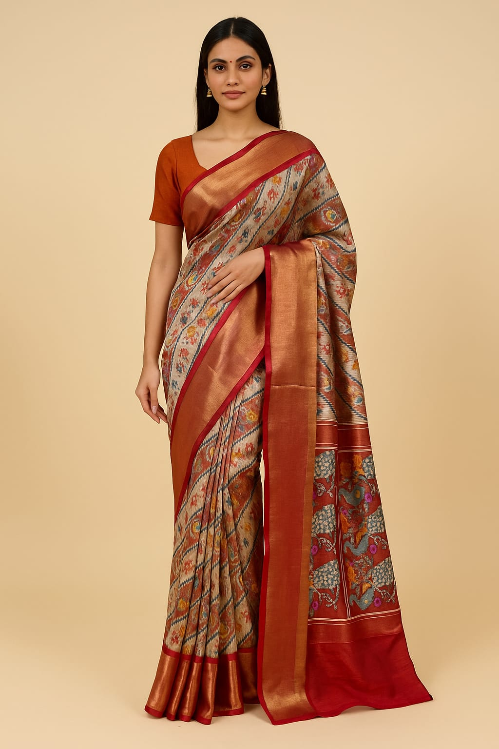 Golden Off-White Red Tissue Patola Silk Saree - Pallodstore
