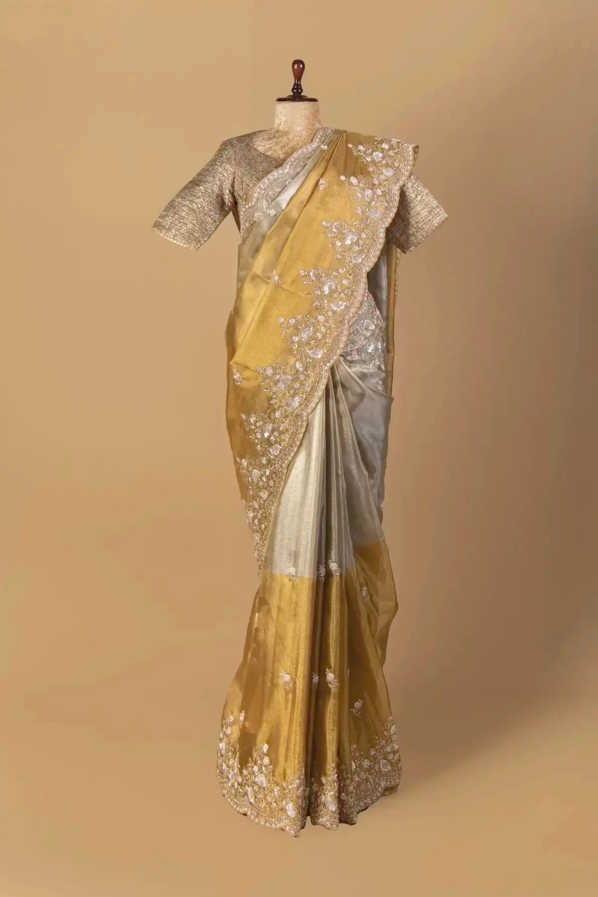 Golden and Silver Embroidered Tissue Saree - Pallodstore
