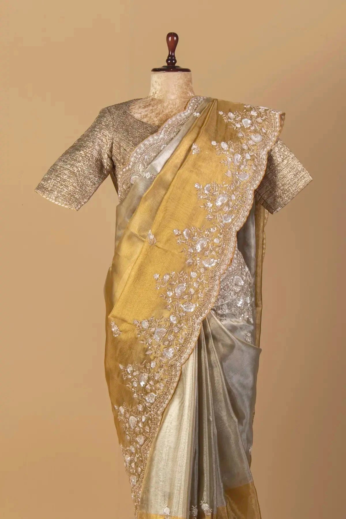 Golden and Silver Embroidered Tissue Saree - Pallodstore
