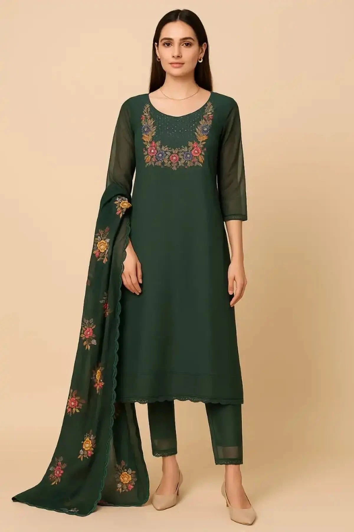 Green Dress Material Straight Line Suit - Pallodstore