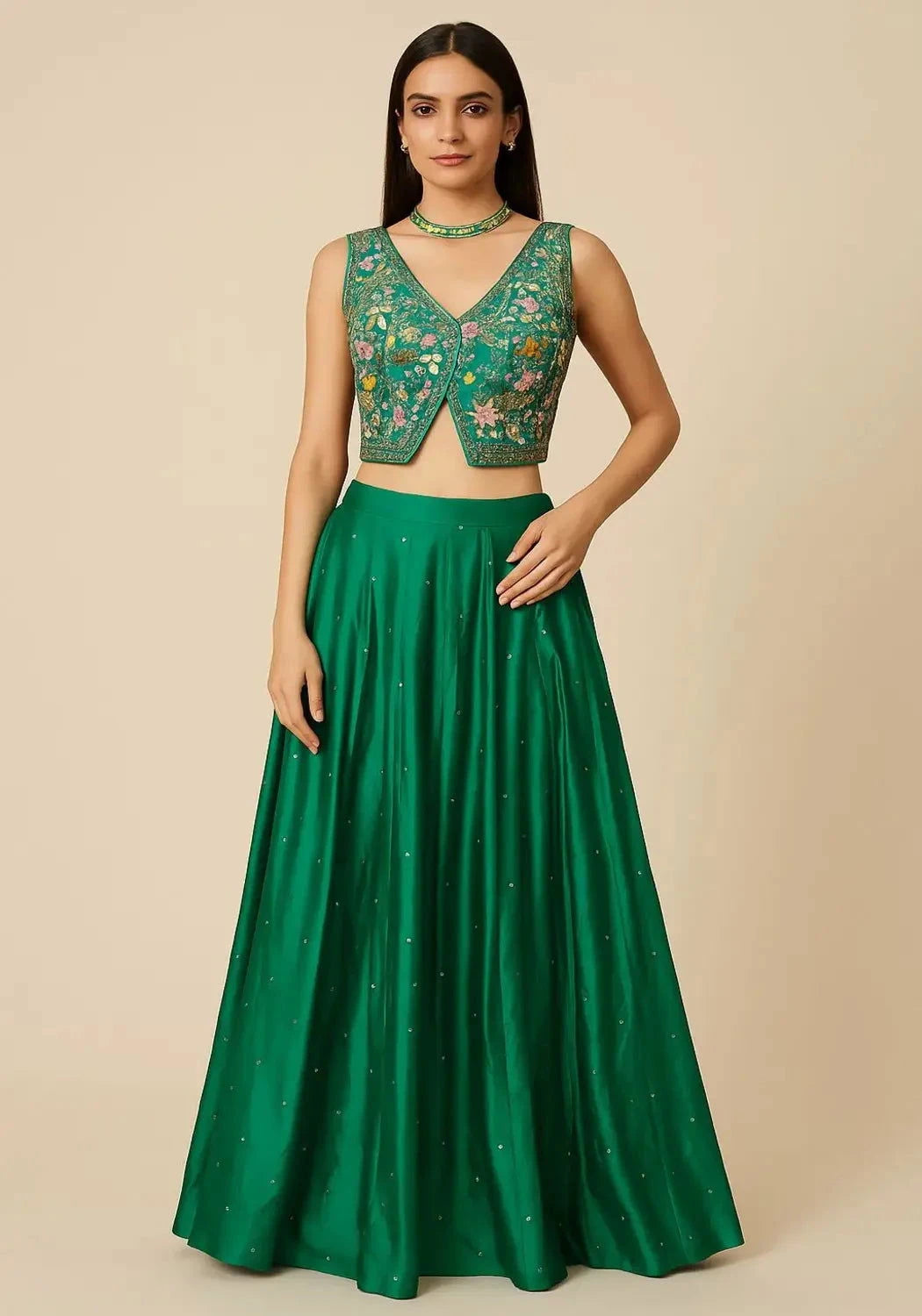 Green Palazzo With Crop Top Indo Western - Pallodstore