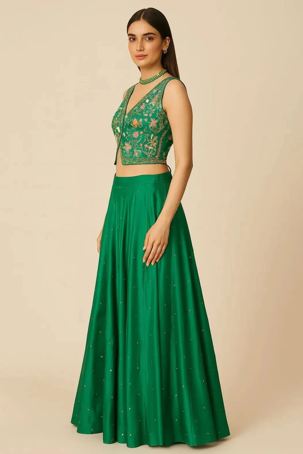 Green Palazzo With Crop Top Indo Western - Pallodstore