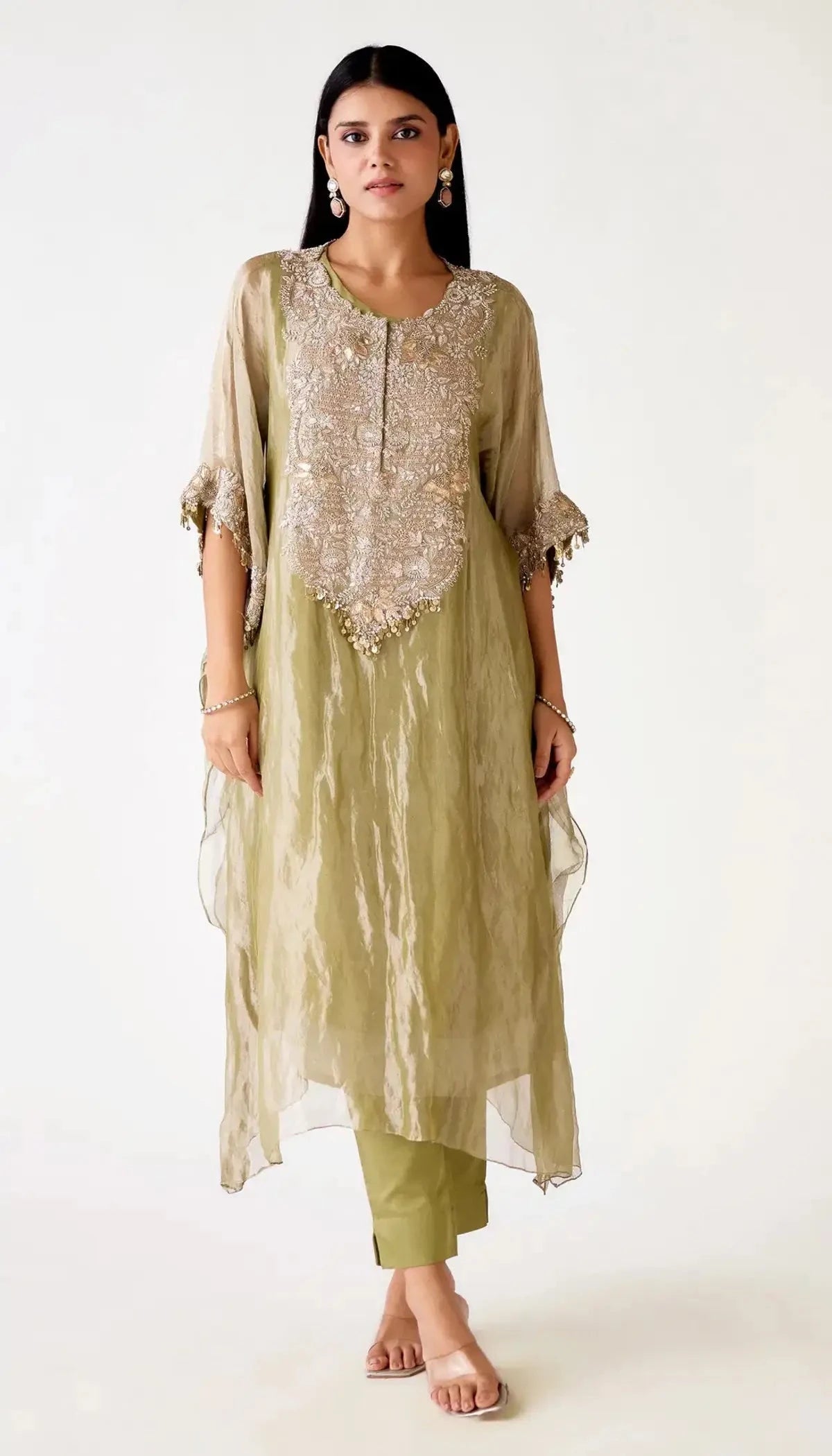 Green Tissue Embroidered Kaftan Set - Pallodstore
