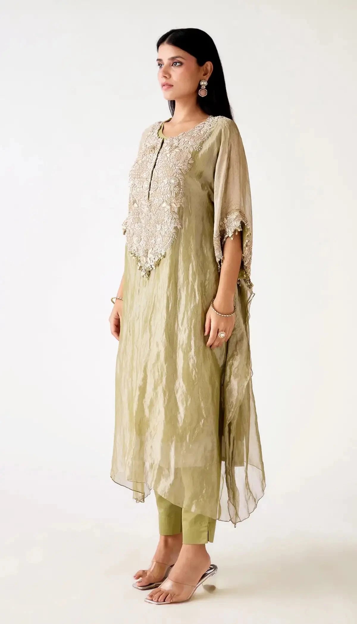 Green Tissue Embroidered Kaftan Set - Pallodstore