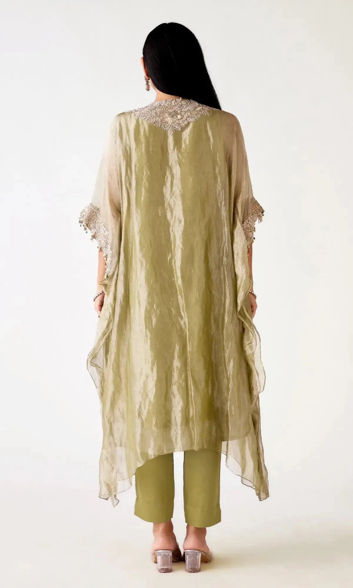 Green Tissue Embroidered Kaftan Set - Pallodstore