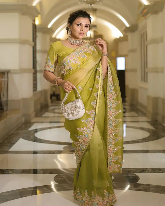 Green organza saree - Pallodstore