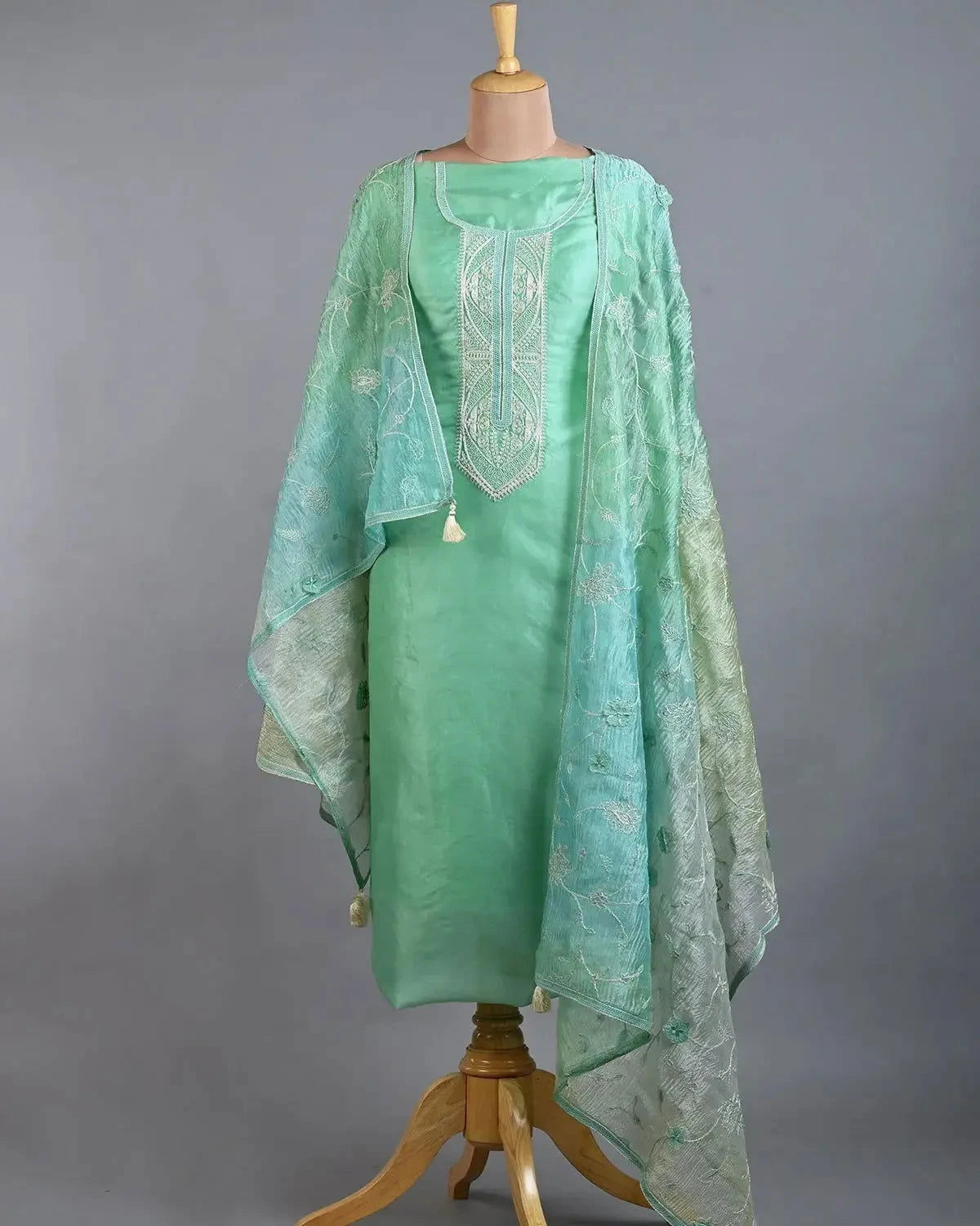 Greenish Blue Organza Suit Set - Pallodstore