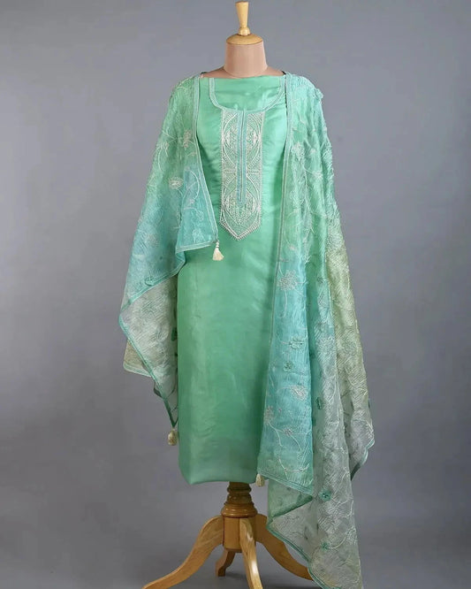 Greenish Blue Organza Suit Set - Pallodstore
