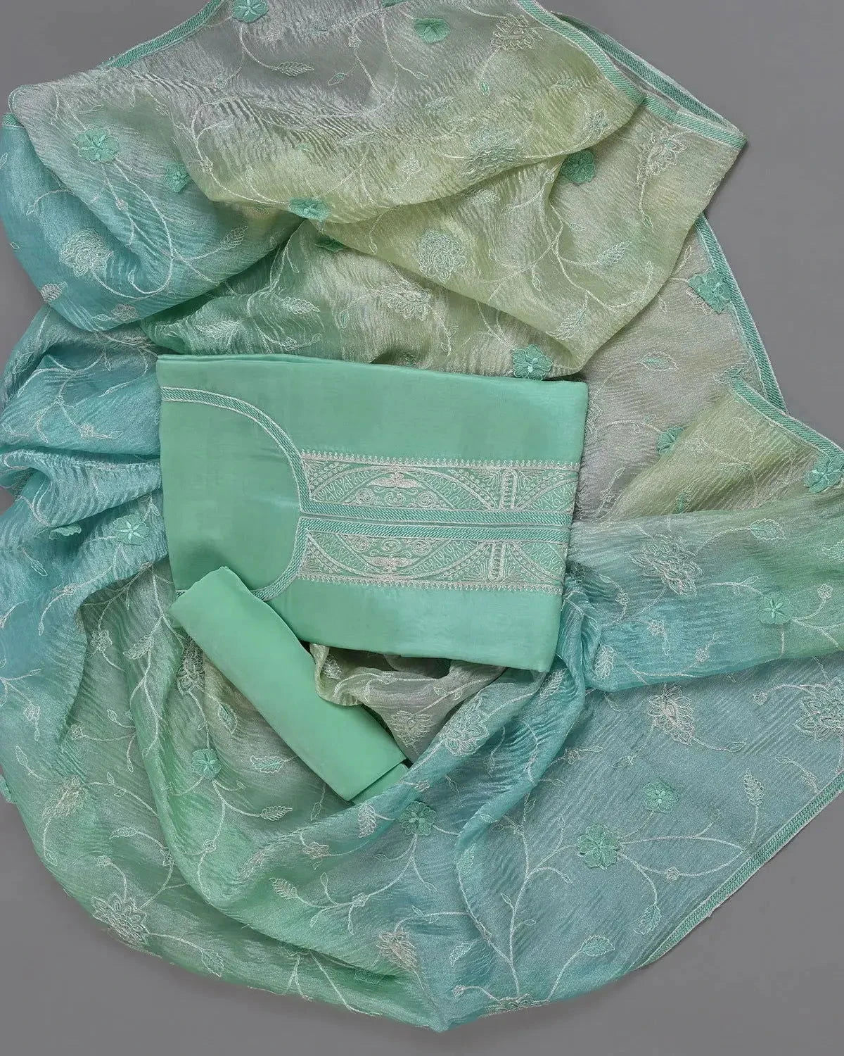 Greenish Blue Organza Suit Set - Pallodstore