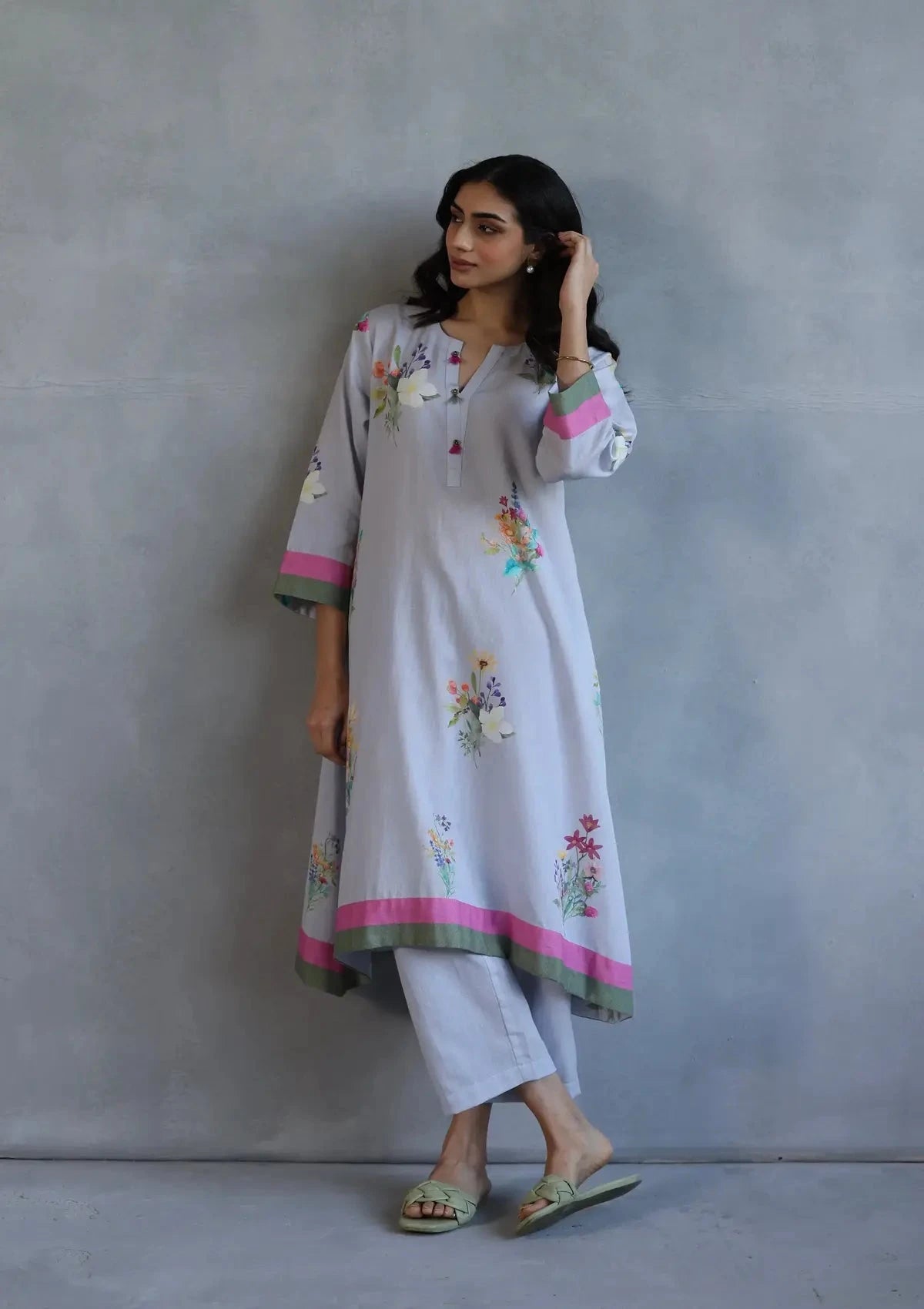 Grey Bloom Kurta Set - Pallodstore