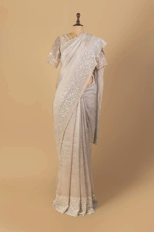 Grey Crushes Tissue Embroidered Saree - Pallodstore
