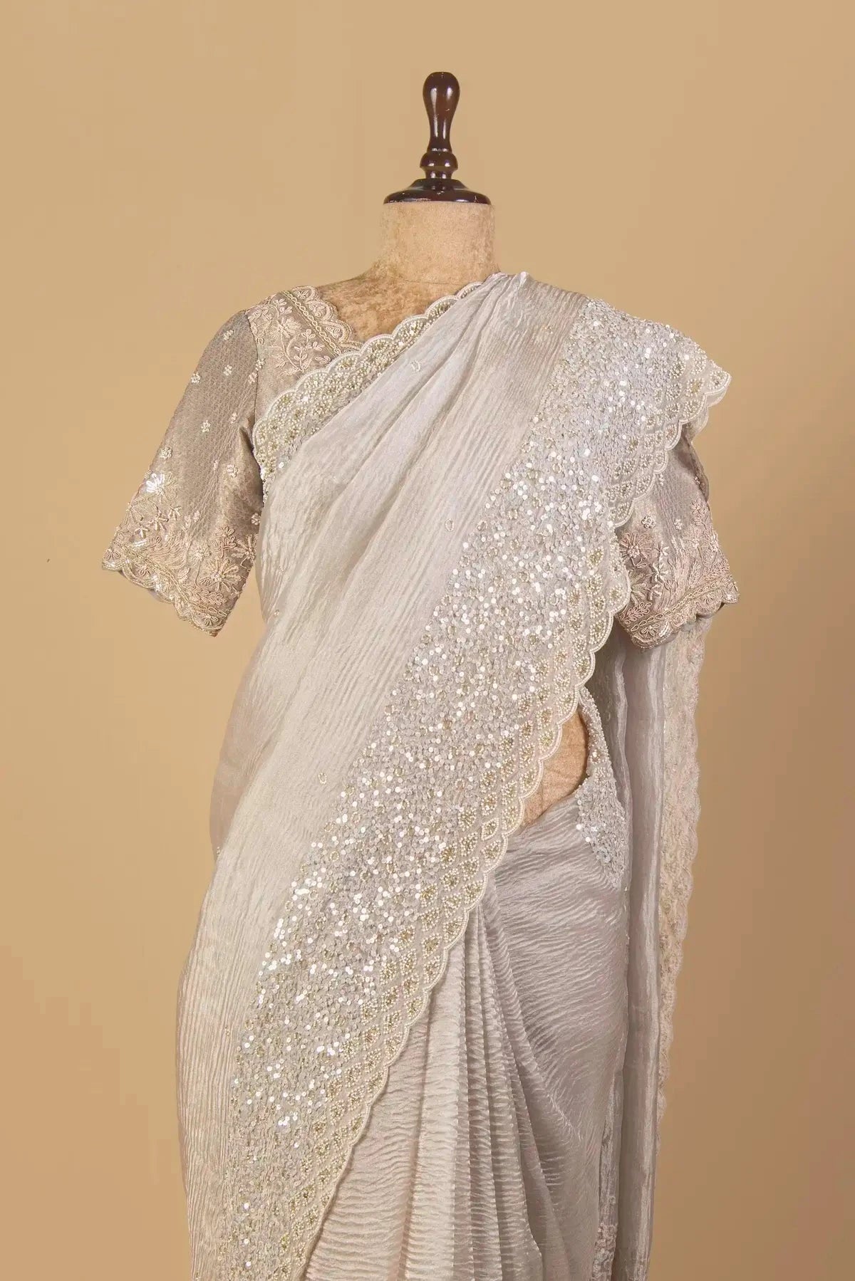 Grey Crushes Tissue Embroidered Saree - Pallodstore