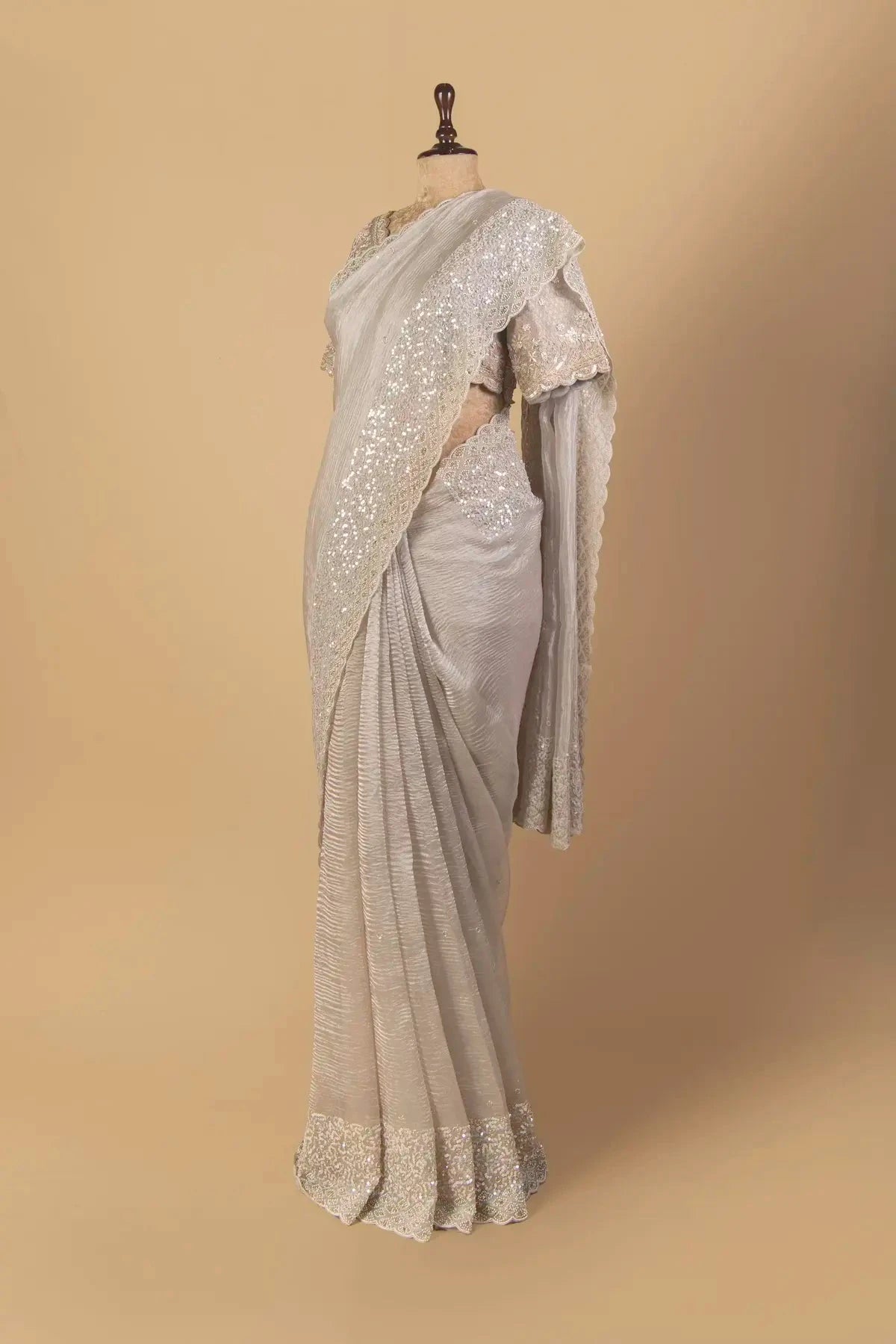 Grey Crushes Tissue Embroidered Saree - Pallodstore