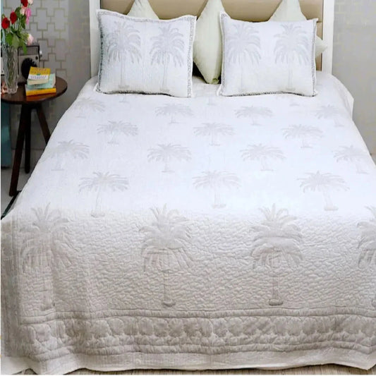 Grey Handblock Printed Palm Tree Double Size Bedcover - Pallodstore