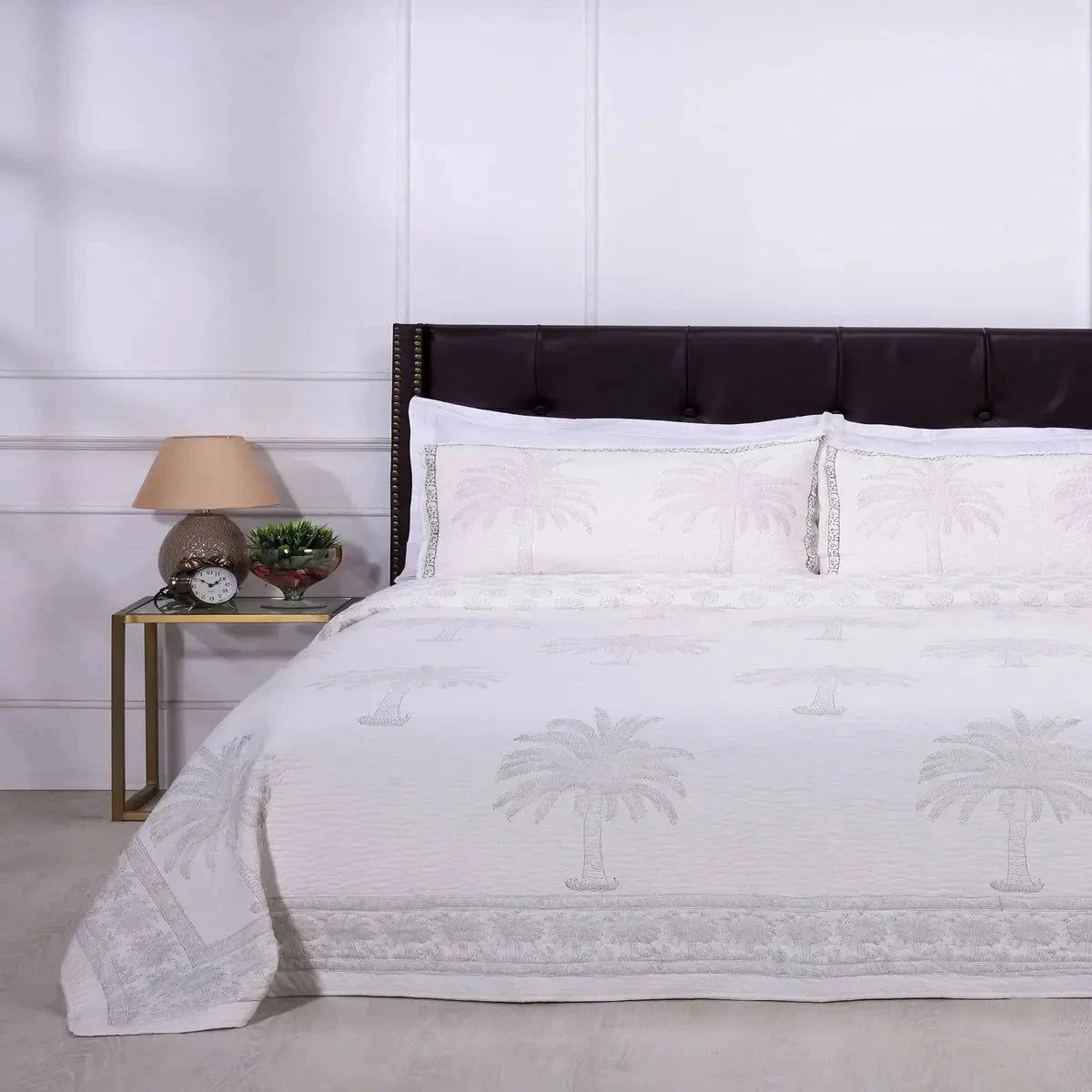 Grey Handblock Printed Palm Tree Double Size Bedcover - Pallodstore