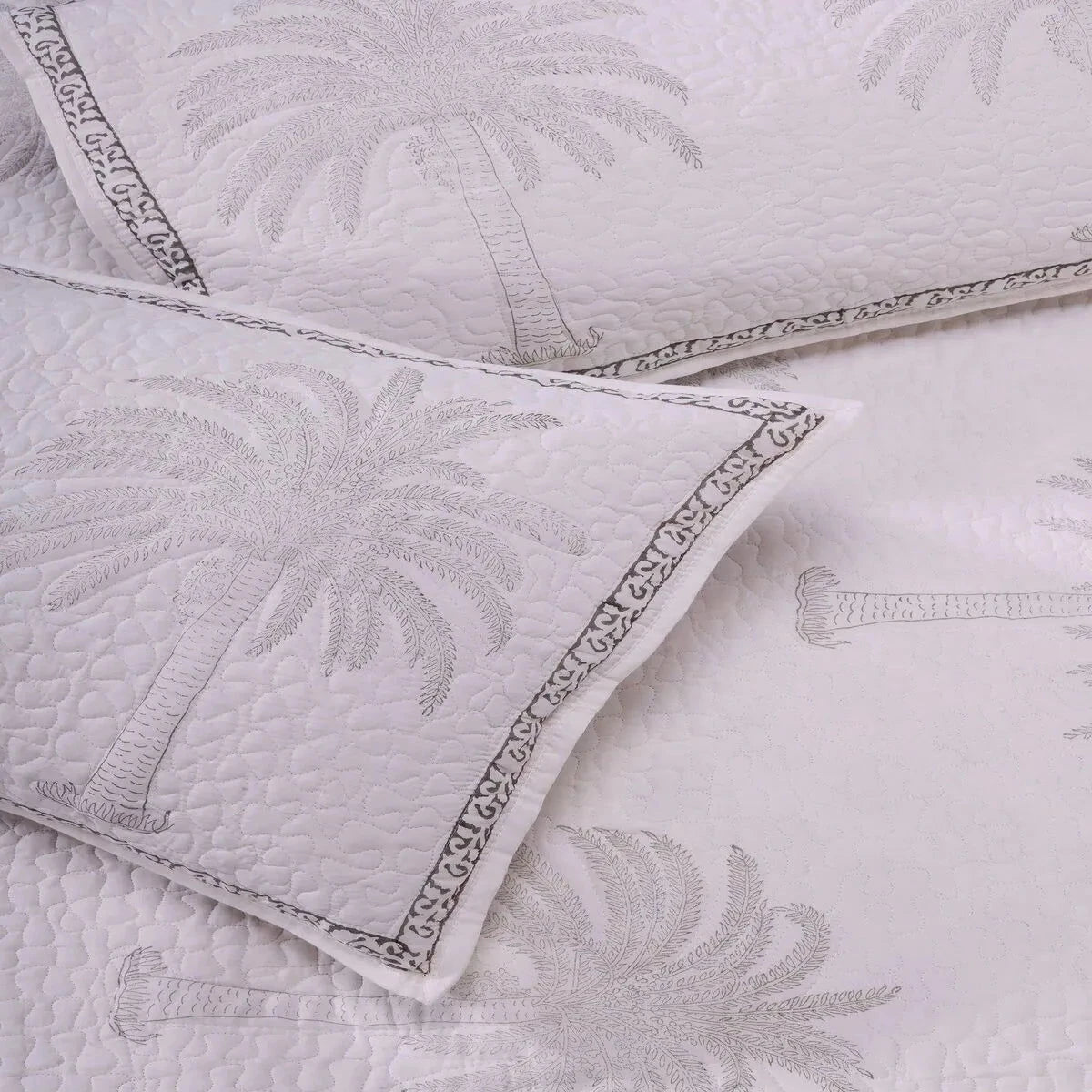 Grey Handblock Printed Palm Tree Double Size Bedcover - Pallodstore