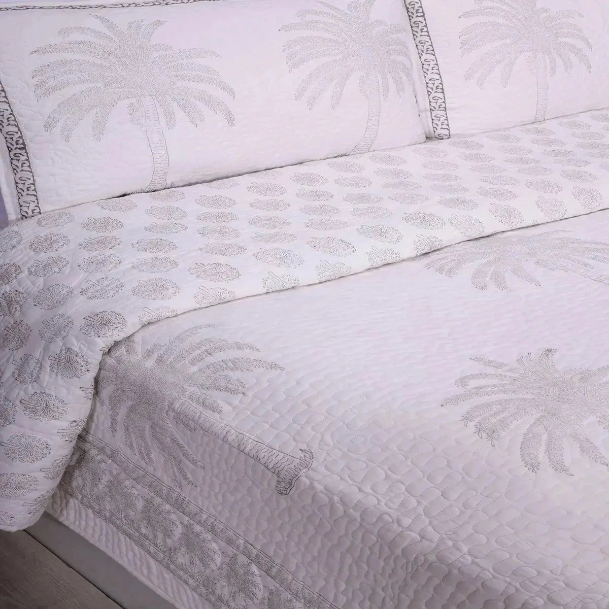 Grey Handblock Printed Palm Tree Double Size Bedcover - Pallodstore