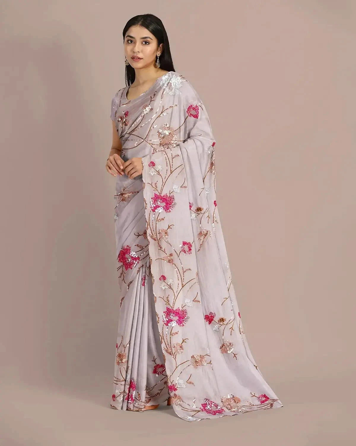 Grey Sequins Embroidered Saree - Pallodstore