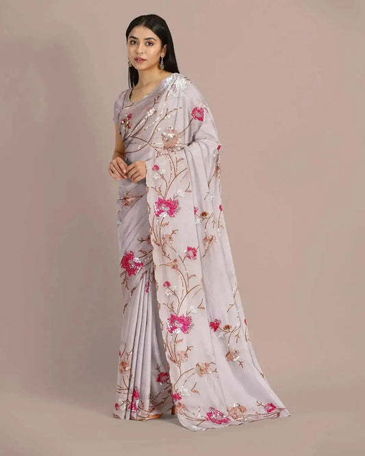 Grey Sequins Embroidered Saree - Pallodstore