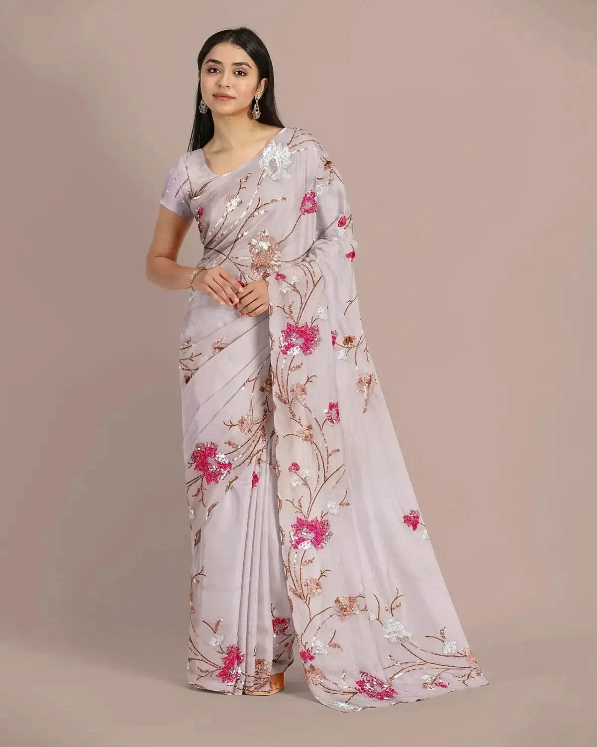Grey Sequins Embroidered Saree - Pallodstore