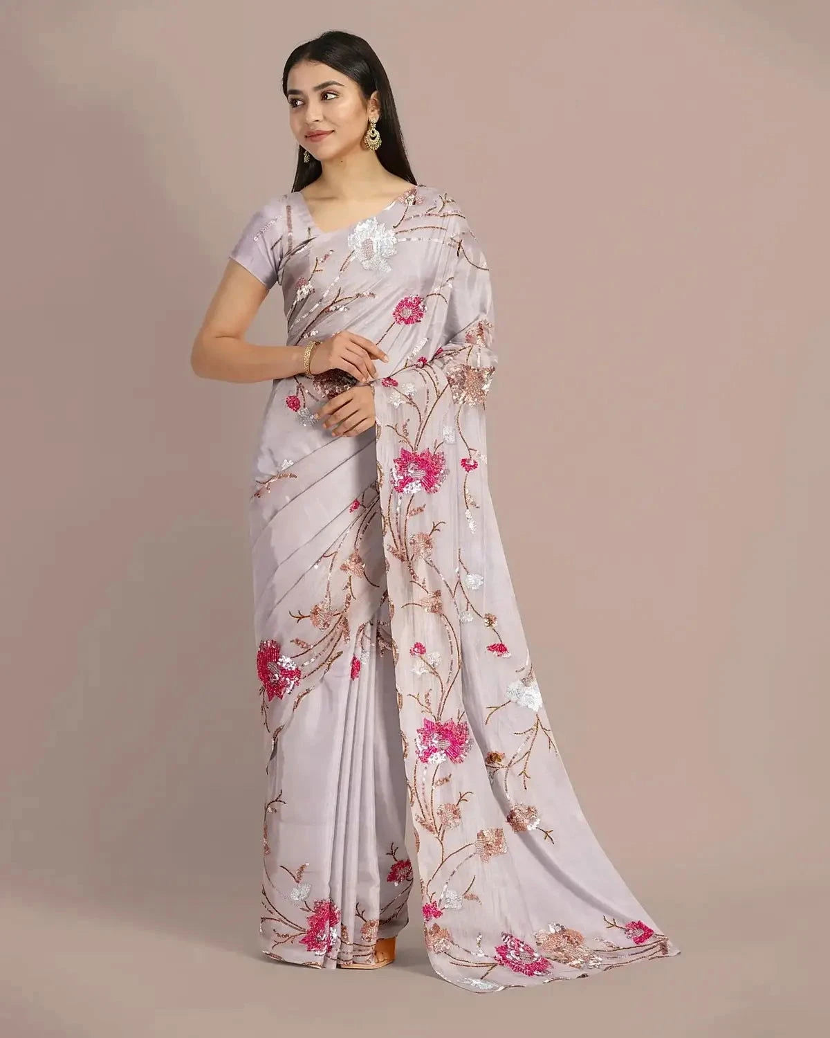 Grey Sequins Embroidered Saree - Pallodstore