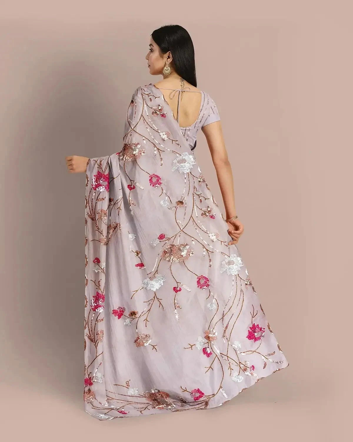 Grey Sequins Embroidered Saree - Pallodstore