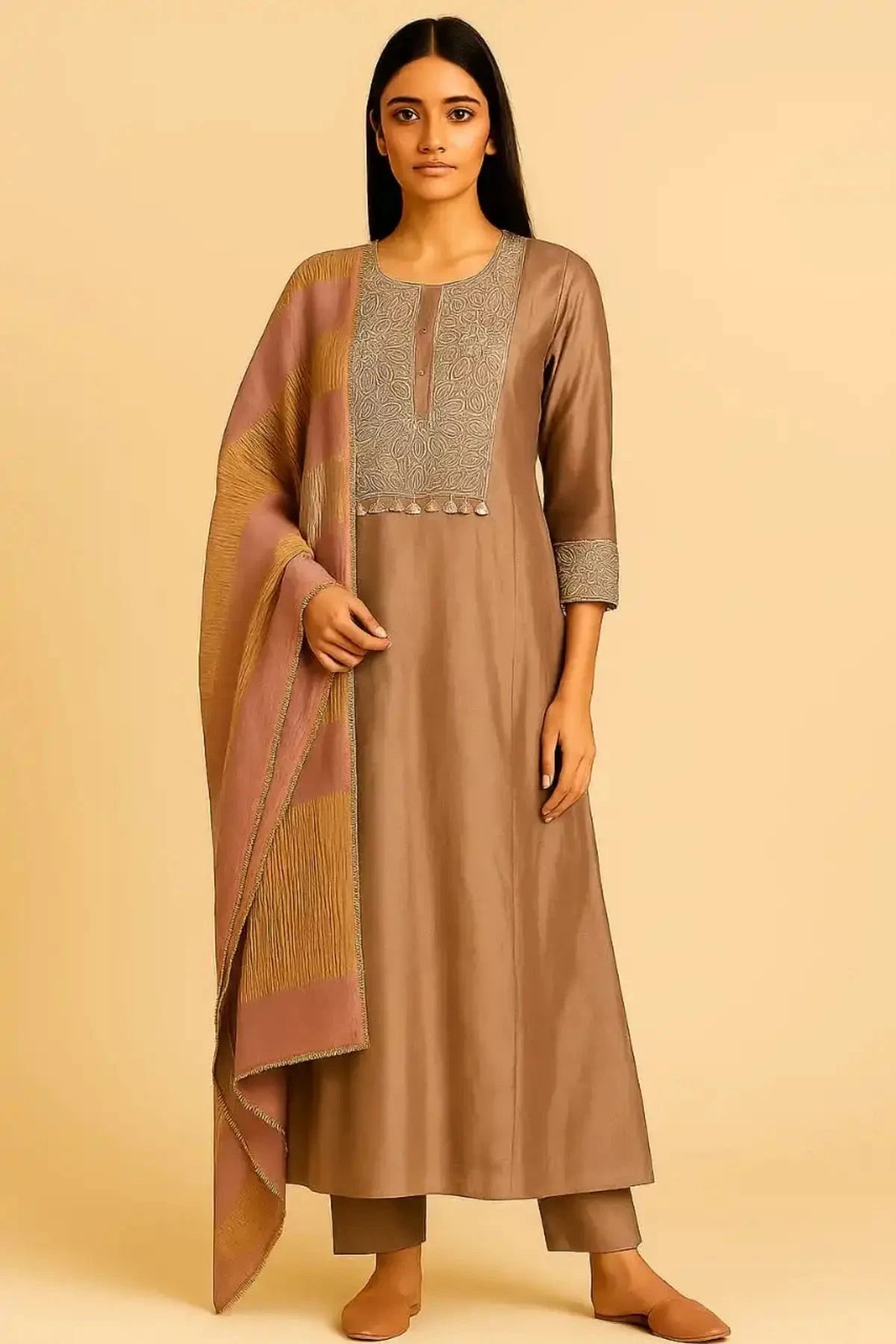 Greyish Brown A Line Anarkali Suit - Pallodstore