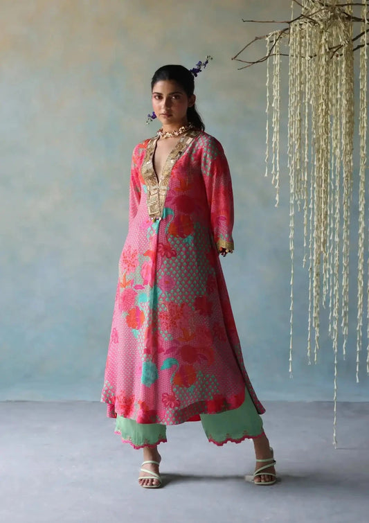 Gul Bright Pink Printed Front Pleat Kurta Set - Pallodstore