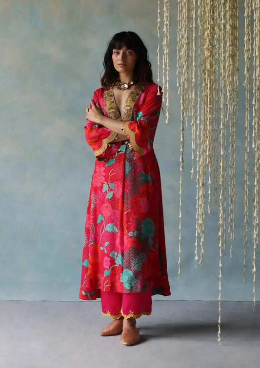 Gul Jester Red Printed Front Pleat Kurta Set - Pallodstore
