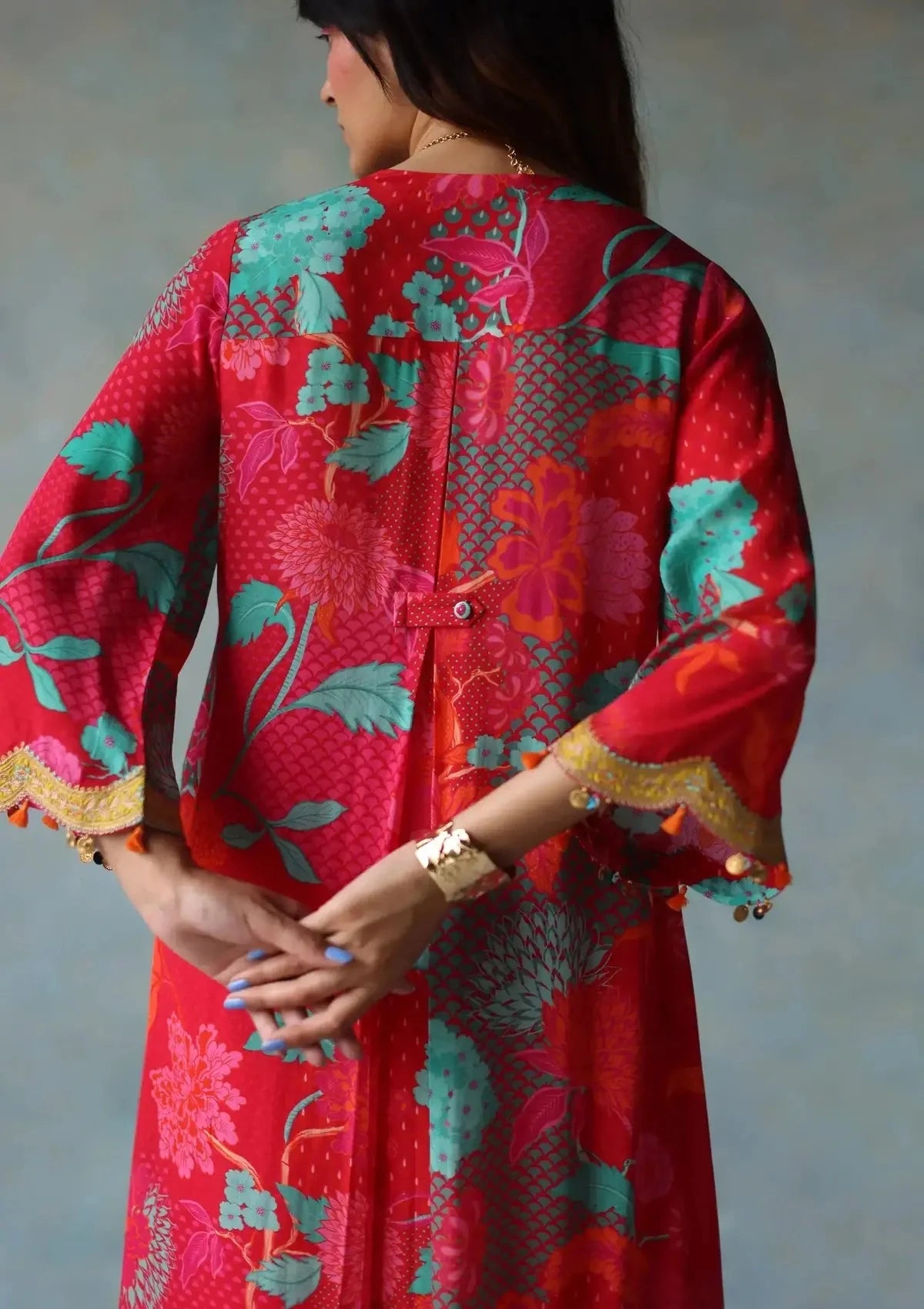 Gul Jester Red Printed Front Pleat Kurta Set - Pallodstore
