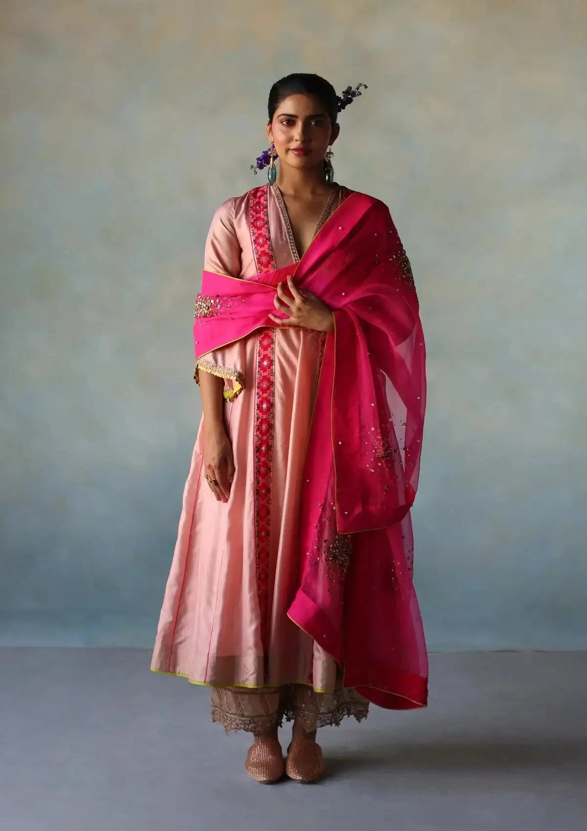 Gul Nude Pink Side Kali Silk Kurta Set - Pallodstore