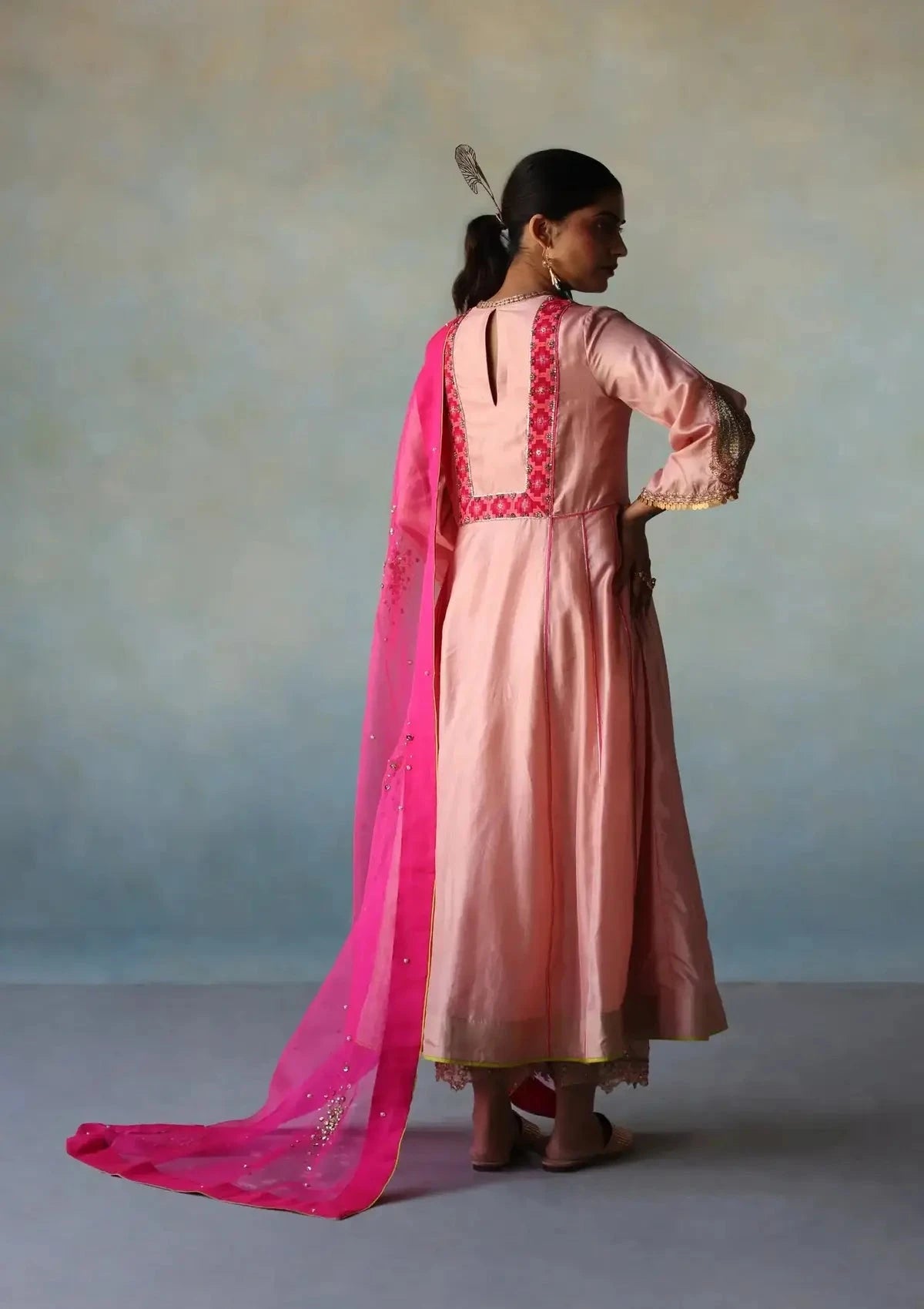 Gul Nude Pink Side Kali Silk Kurta Set - Pallodstore