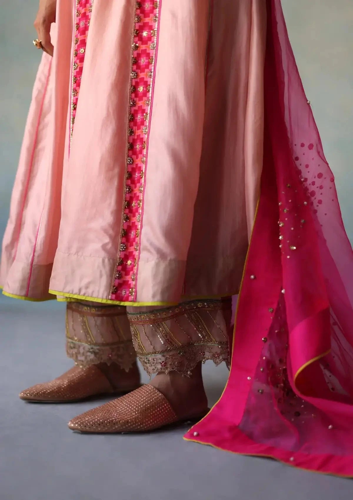 Gul Nude Pink Side Kali Silk Kurta Set - Pallodstore