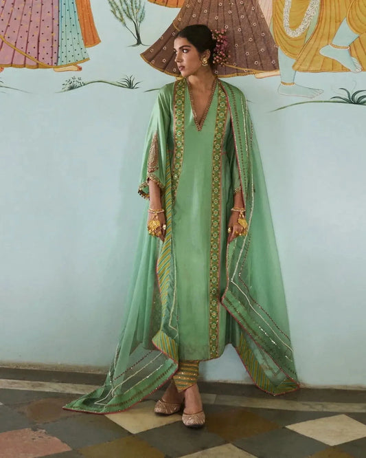 Gul Sage Green Side Kali Silk Kurta Set - Pallodstore