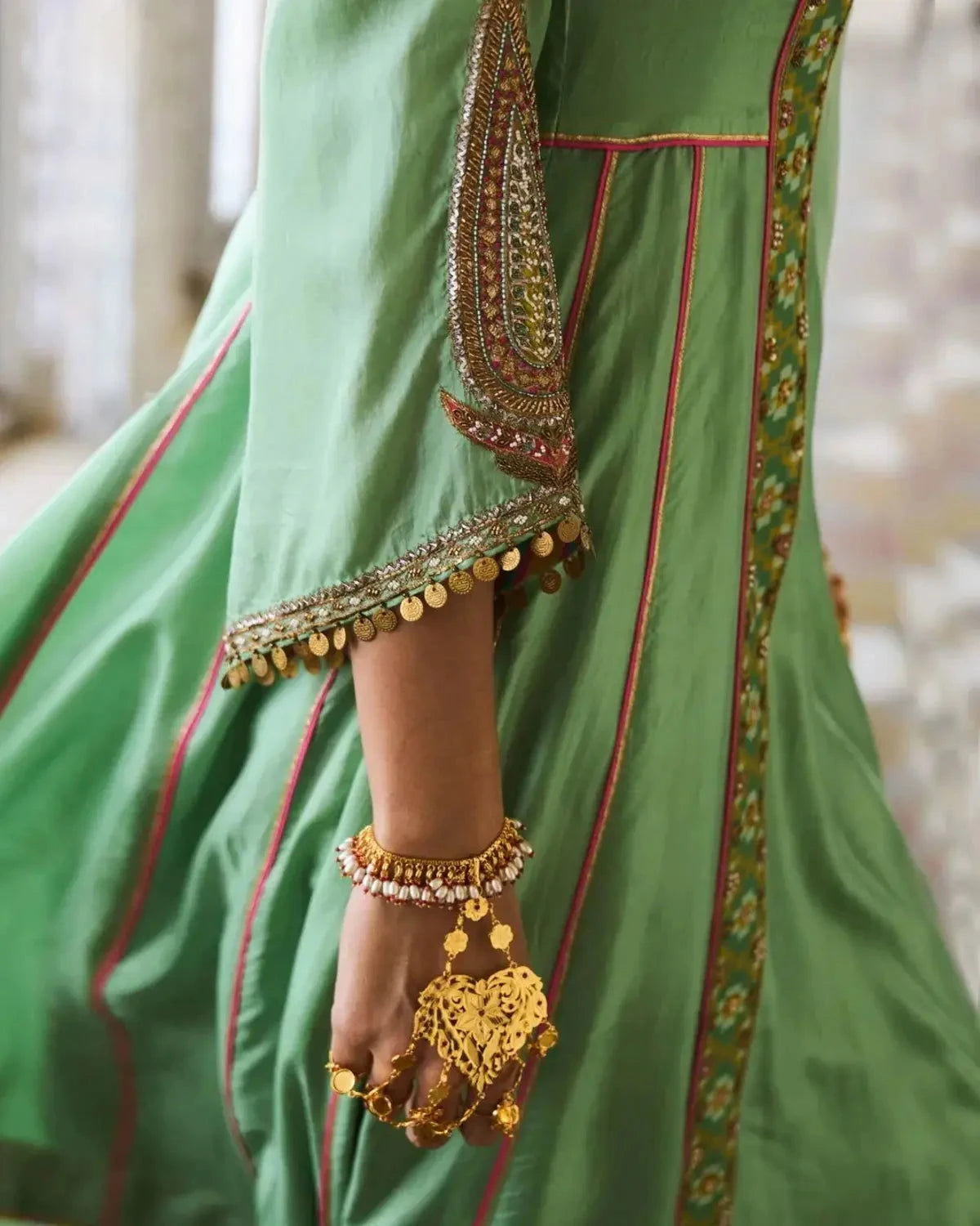 Gul Sage Green Side Kali Silk Kurta Set - Pallodstore