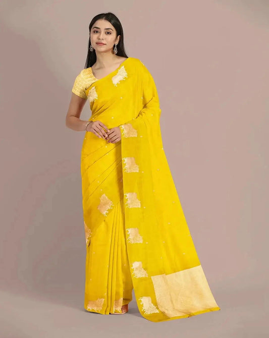 HandWoven Citrine Yellow Banarasi silk Saree - Pallodstore