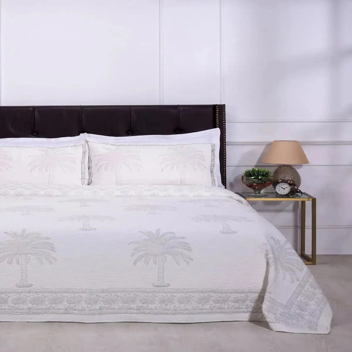 Hand Block Printed Palm Tree Grey Quilted Reversible Set - Pallodstore