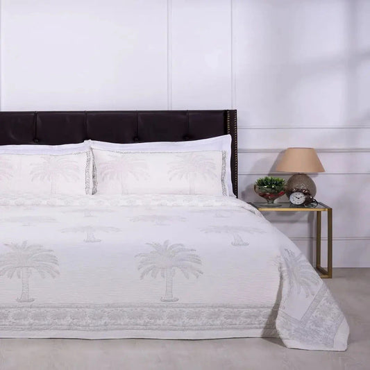 Hand Block Printed Palm Tree Grey Quilted Reversible Set - Pallodstore