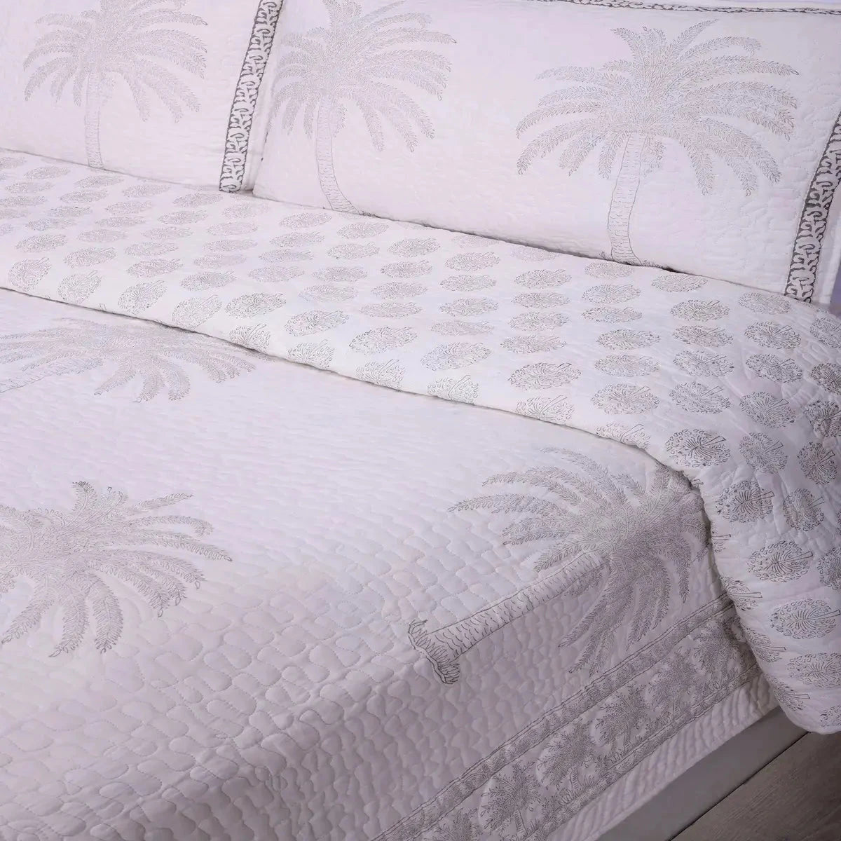 Hand Block Printed Palm Tree Grey Quilted Reversible Set - Pallodstore