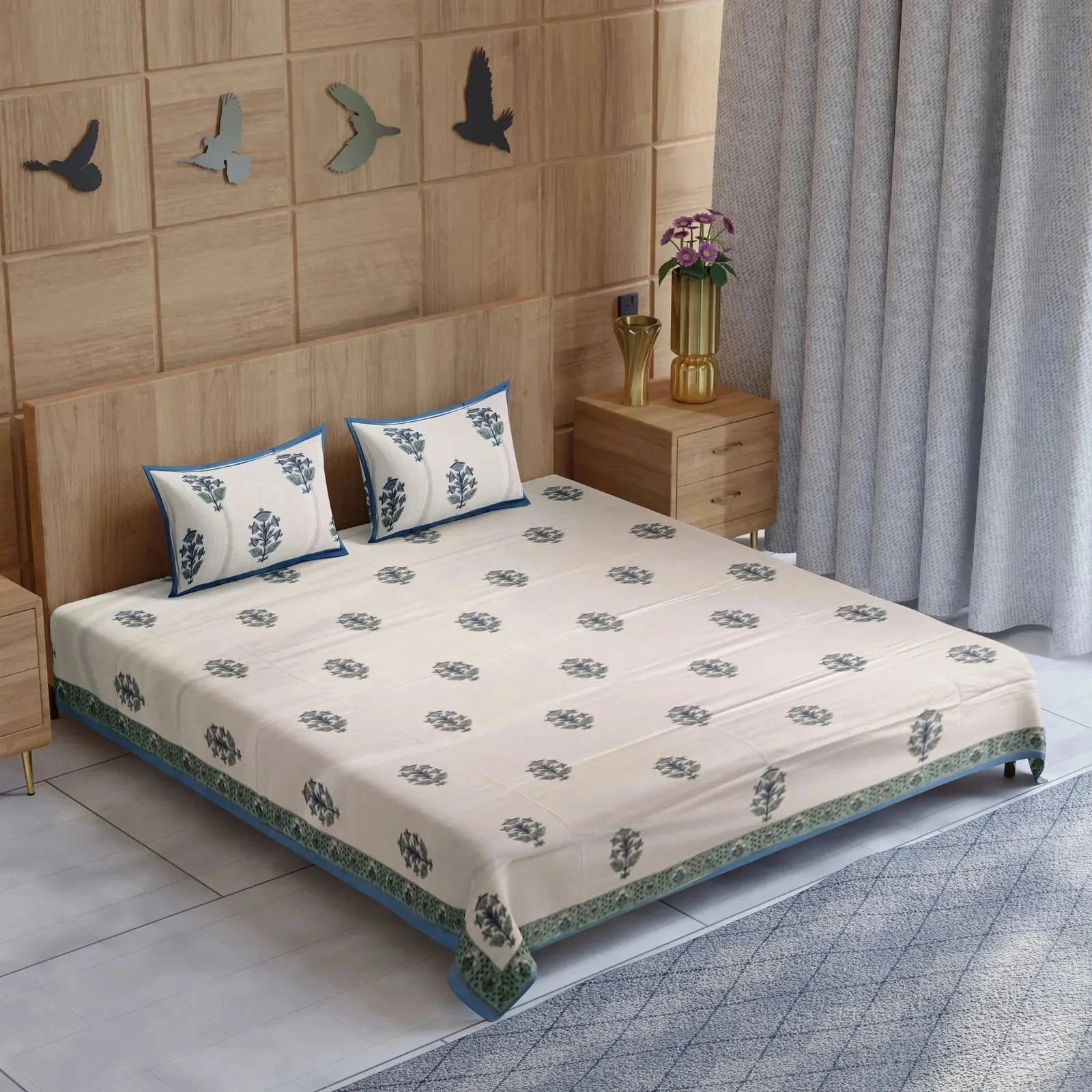 Hand Block Printed White Double Bedsheet - Pallodstore