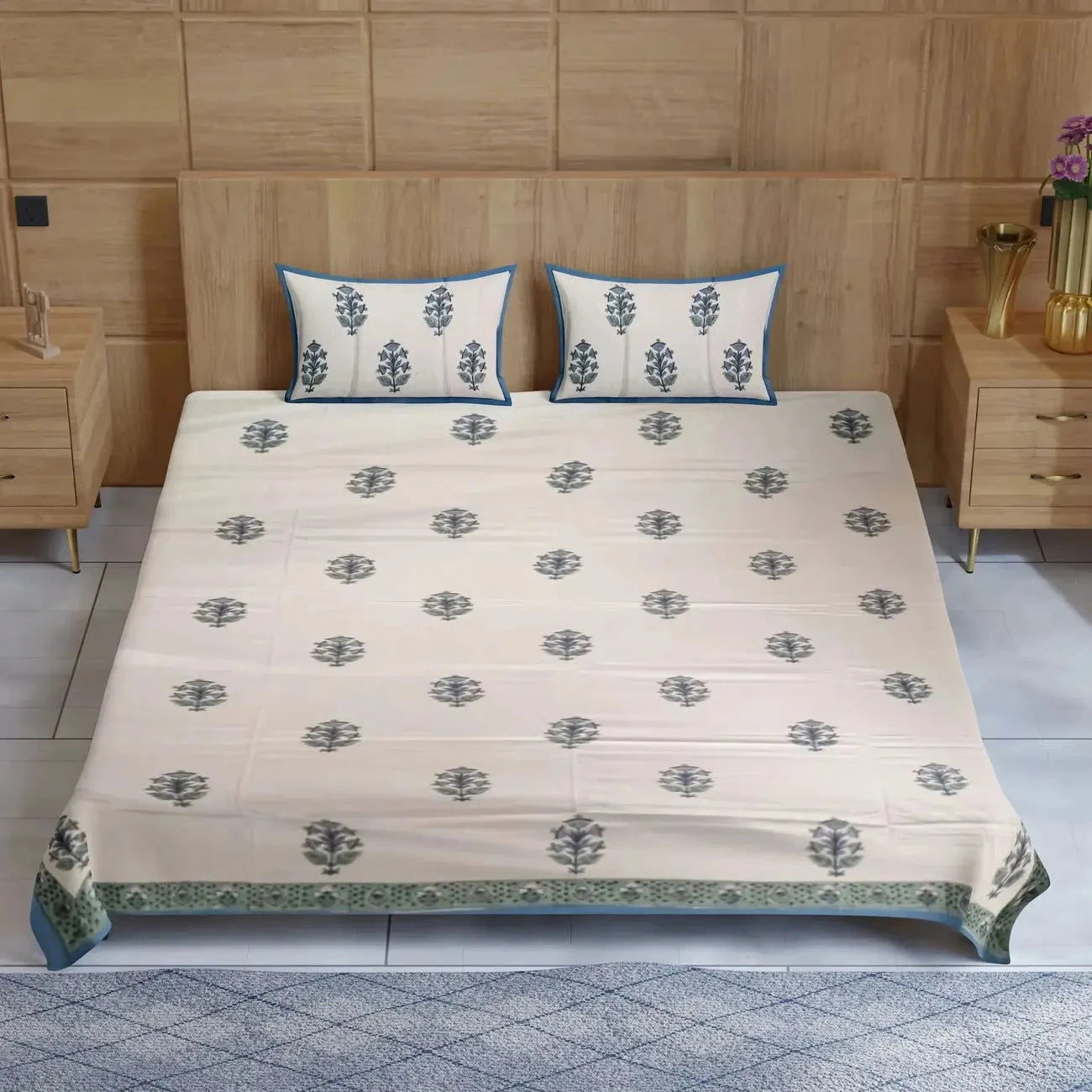 Hand Block Printed White Double Bedsheet - Pallodstore