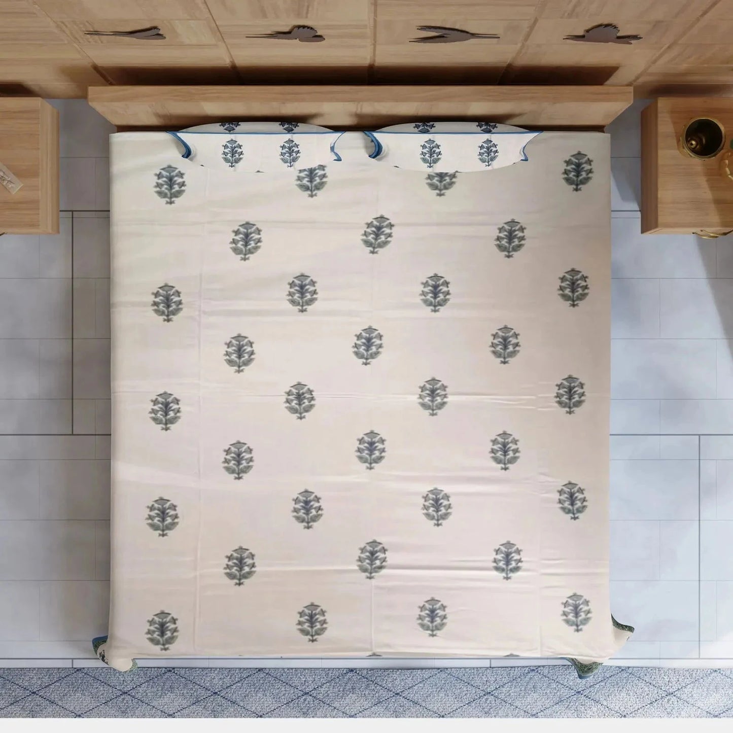 Hand Block Printed White Double Bedsheet - Pallodstore