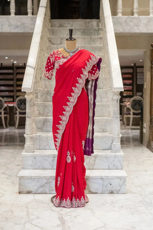 Handloom Tussar Georgette Red Saree - Pallodstore