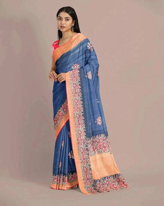 Handwoven Indgo Blue Tussar Georgette Saree - Pallodstore