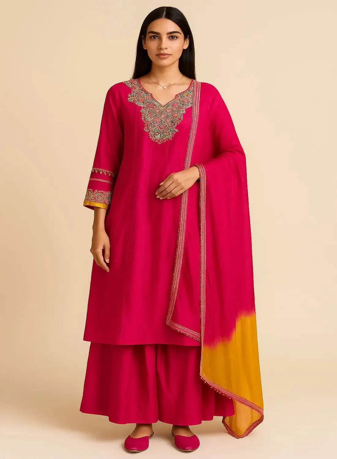 Hot Pink Anarkali with Sharara Pant Suit - Pallodstore