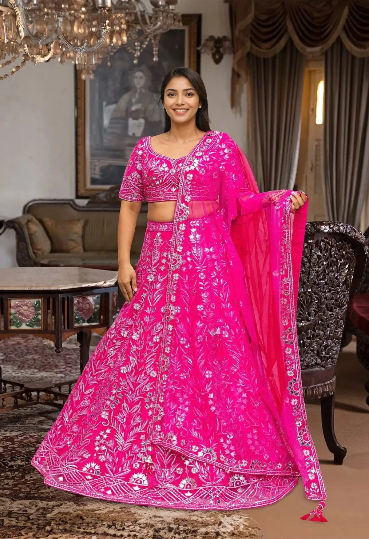 Hot Pink Applique leather work Lehenga - Pallodstore