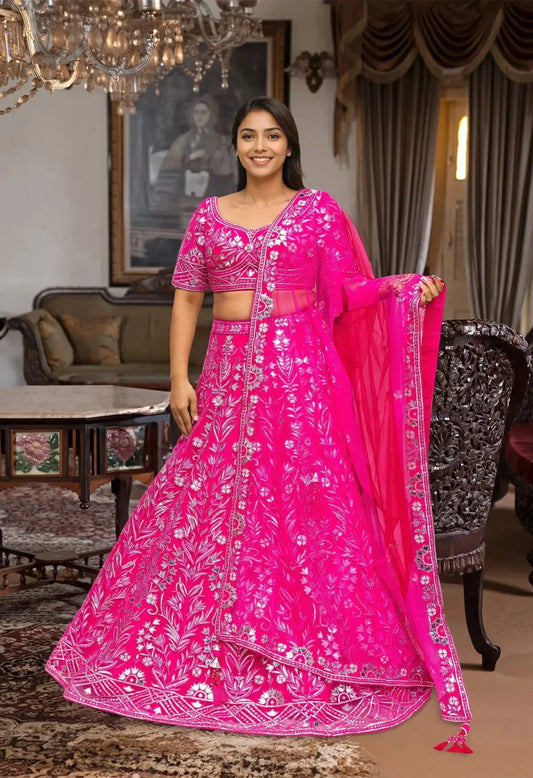 Hot Pink Applique leather work Lehenga - Pallodstore
