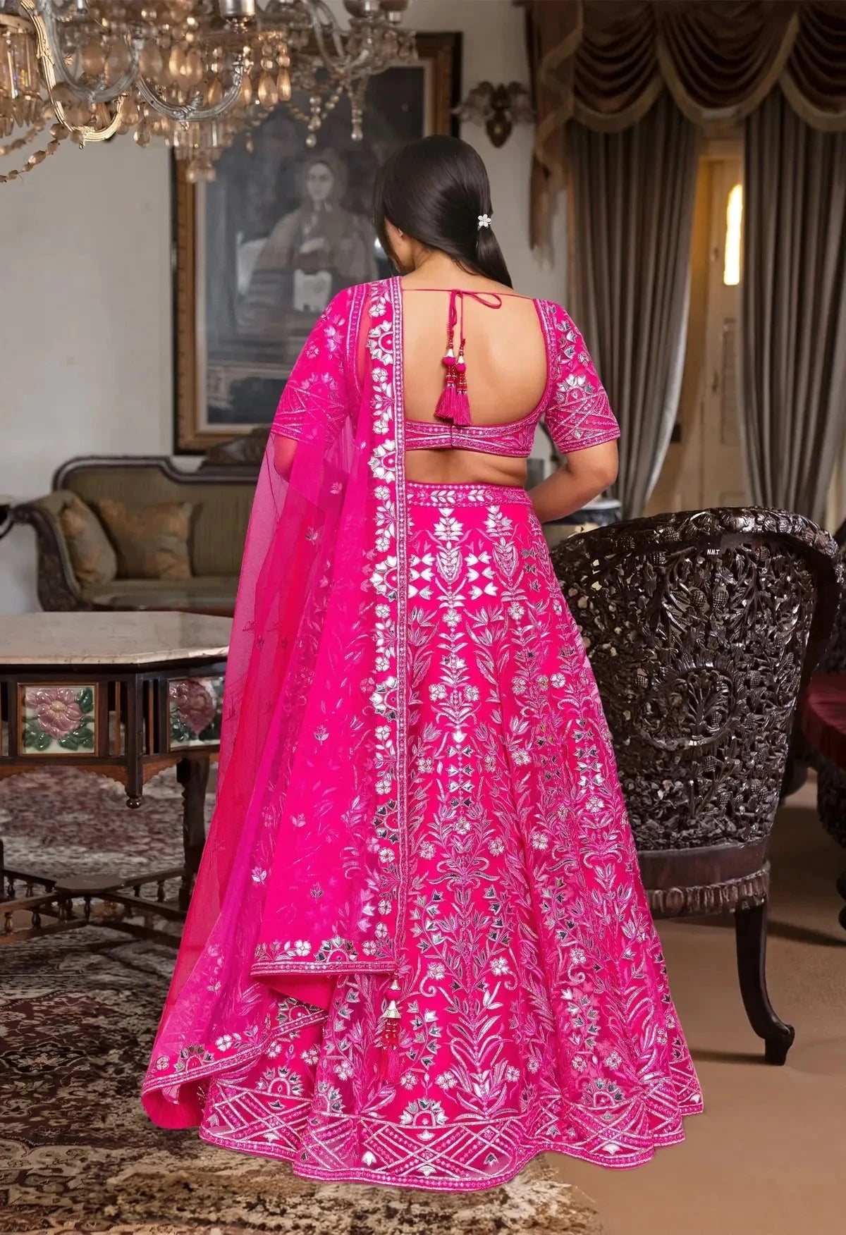 Hot Pink Applique leather work Lehenga - Pallodstore
