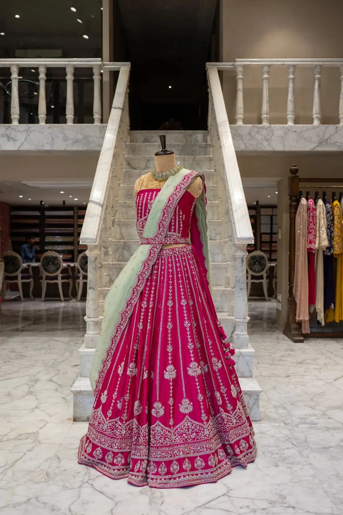 Hot Pink Lehenga With Contrast Dupatta - Pallodstore
